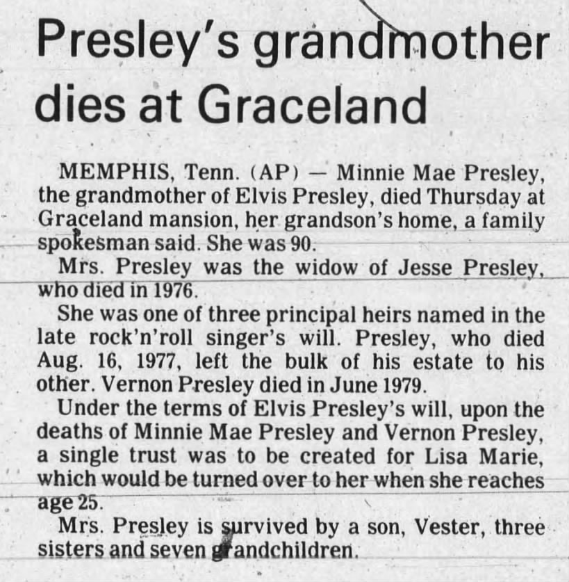 How Old Was Elvis Grandmother Minnie Mae Presley When He Passed Away?